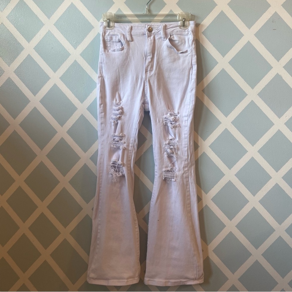 White Flare Wide Leg Jeans with Distressed Details